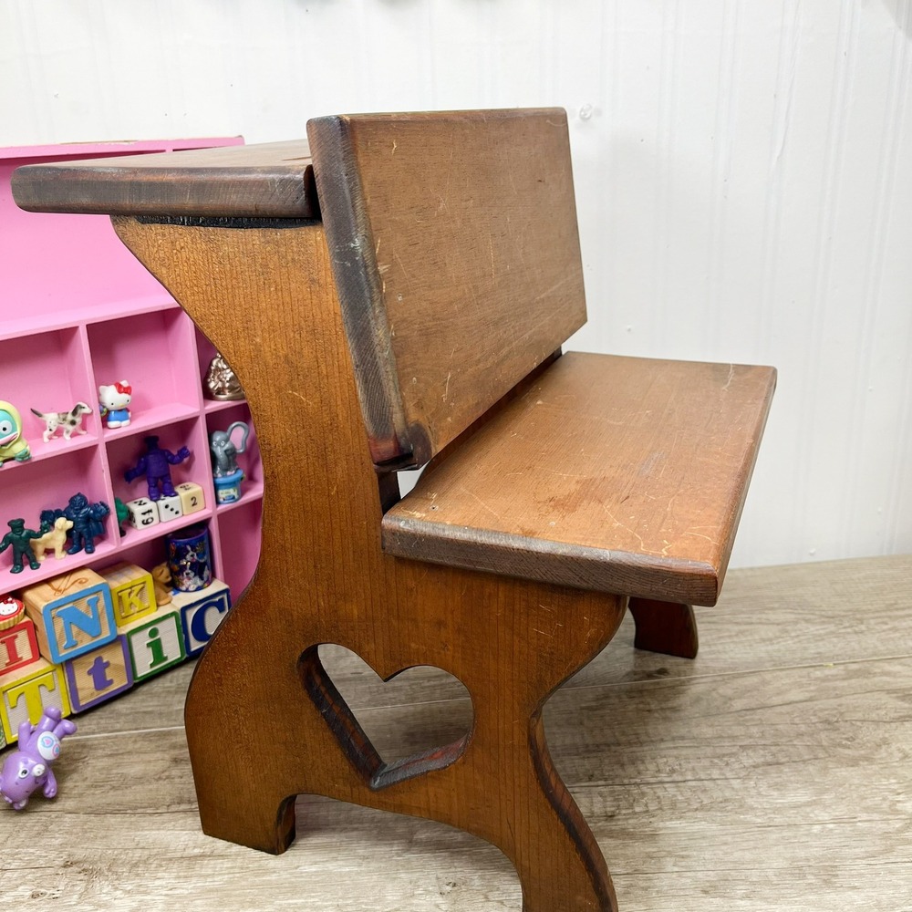 Vintage Wooden Doll School Desk Heart Cutout Miniature Toy Furniture Brown Wood